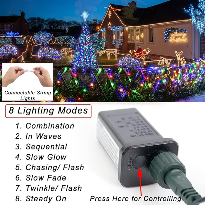 Pooqla Christmas Colorful String Lights, 200 LED Clear Wire Indoor and Outdoor Lights