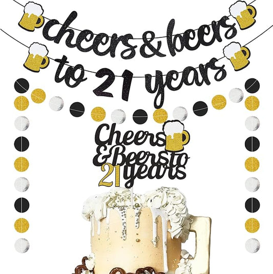 21st Birthday Decorations for Her Him - 21st Birthday Banner, Cheers and Beers to 21 Years Cake Topper, Glittery Circle Dots Garland Party Supply (Black Gold)
