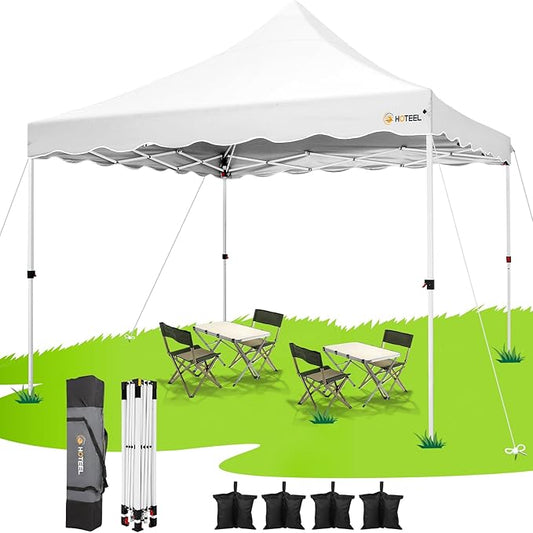 HOTEEL 10x10 Pop Up Canopy, Easy Setup Party Tent with Carry Bag, Weight Bag, Outdoor Portable Event Shelter for Backyard, Market, White