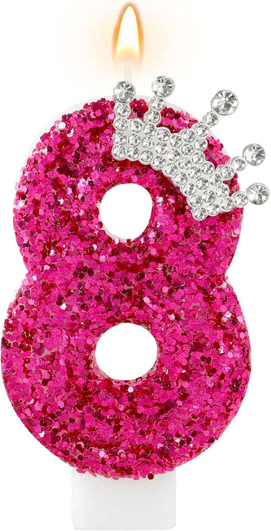 AKURIEEY Hot Pink Birthday Candles Crown Number 8 Candle Birthday Party Decorations Cake Topper Cupcake Decor for Anniversary Celebrations Supplies