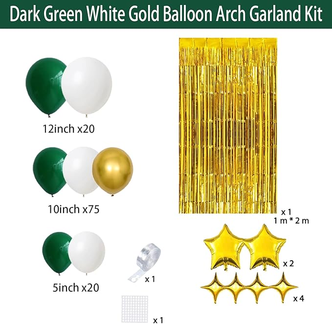 Dark Green and Gold Balloon Garland Arch Kit - 124PCS Dark Green Balloons Metallic Gold White Balloons for Birthday Graduation Anniversary Bridal Shower Engagement Wedding Party Decorations
