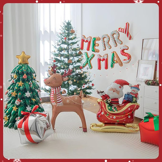 [7 in 1]Clearance Christmas Decor Set Foil Balloons Decorations with Xmas Mylar Banner, Reindeer & Sleigh, Xmas Tree, Gift Box with Air Pump & String for Party Decorations (Christmas Set 1)
