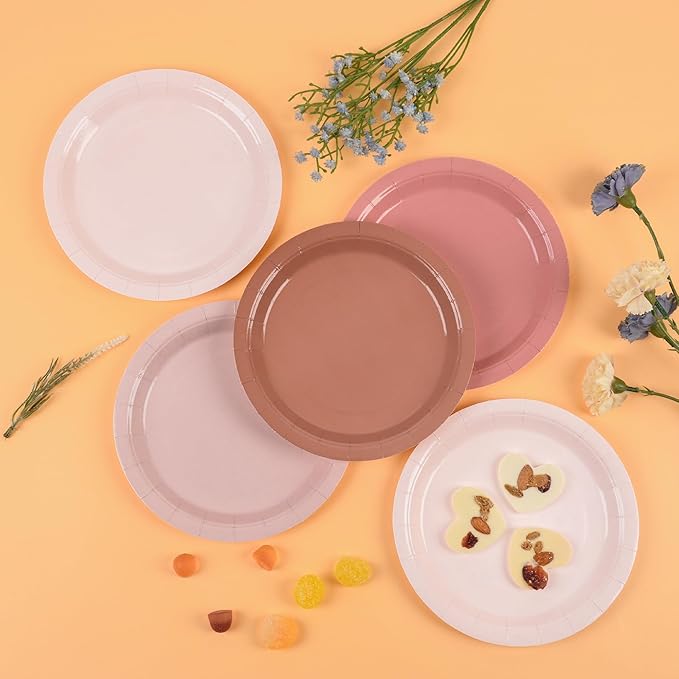 AimFun 24 Pcs Dusty Pink Paper Plates 7Inch Gradient Pink Party Plates 4 Colors Disposable Round Dessert Plates for Coquette Birthday Wedding Bridal Shower Party Supplies
