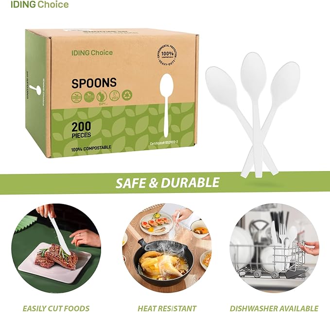 100% Compostable 200 Count No Plastic Spoons, Plastic Utensils, The Heavyweight Heavy Duty Flatware is Eco-Friendly Products for Lounge Party Wedding Office BBQ Picnic Camping.