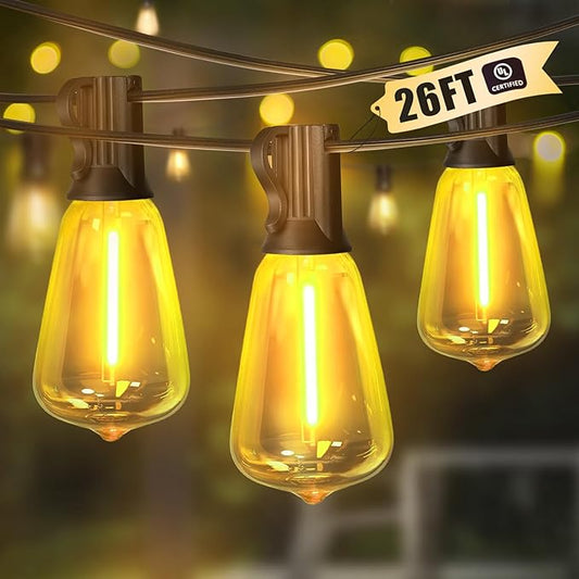 LAMPHOME 26Ft ST38 Outdoor Yellow String Lights, Connectable Waterproof Patio Lights,12+1 Shatterproof LED Hanging Fairy Lights for Outside Backyard Garden Deck Porch Christmas Cafe Party Decor