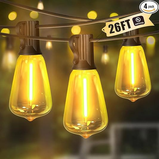LAMPHOME 4-Pack 26Ft ST38 Outdoor String Lights, Warm Yellow Edison LED Patio Lights with 12+1 Shatterproof Bulbs, Waterproof for Bistro Christmas Party Garden Decor