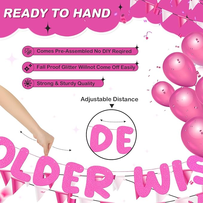 Fulmoon Set of 3 Pre Strung Older Wiser Hotter Glitter Banner Funny Birthday Banner for Women 30th 40th 50th 60th 70th 80th Birthday Party Decorations Sign Gift(Light Pink)