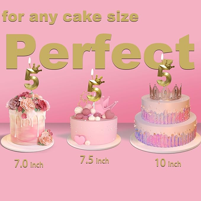 The Number 5 Gold Birthday Candles for Cake is Beautiful Number Candles for 5th Birthday Decorations for Boys and Girls (Gold-5, Crown)