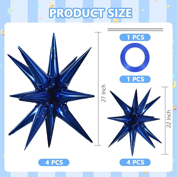 TONIFUL 8 Pcs Navy Blue Foil Star Balloons Large Mylar Explosion Balloons for Party Backdrop Christmas New Year Birthday Wedding Baby Shower Anniversary Photo Booth Supplies