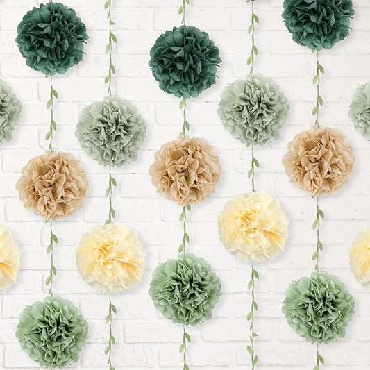 2Pcs Sage Green Tissue Paper Pom Pom Garlands Sage Green Flower Leaves Banner Hanging Paper Flower Garlands for Birthday Baby Shower Boho Wedding Engagement Bridal Shower Party Decor 8.2ft