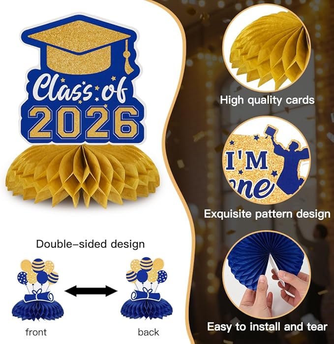 Graduation Decorations Class of 2026 Honeycomb Centerpieces, 9PCS Graduation Centerpieces for Tables, Congrats Grad Table Toppers Decor for 2026 Kid Men Women Graduations Party Decorations (Blue Gold)