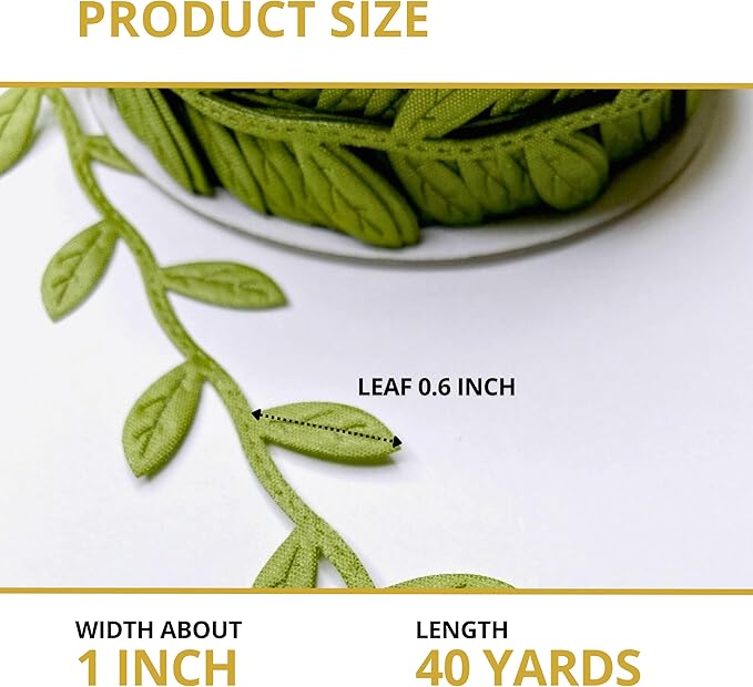Leaf Ribbon 40 Yard Fabric Ribbons Roll Green Leaf Tape 1" Width Artificial Olive Trim Tape for Gift Wrapping Craft DIY
