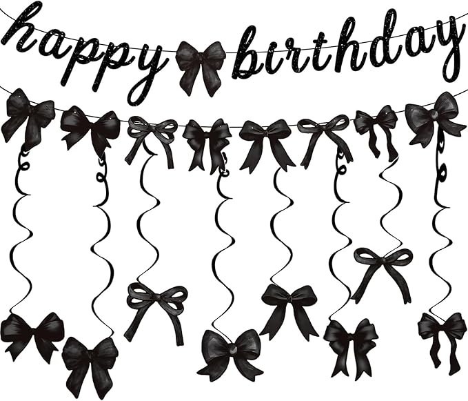 Black Bow Happy Birthday Banner Garland and Hanging Swirls for Girl Black Bow Coquette Birthday Party Decorations
