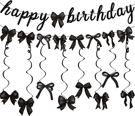 Black Bow Happy Birthday Banner Garland and Hanging Swirls for Girl Black Bow Coquette Birthday Party Decorations