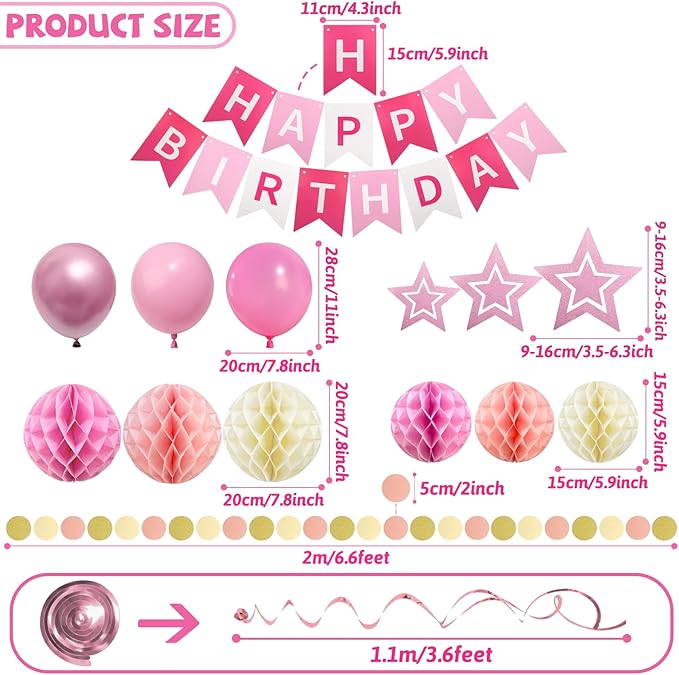 ZERODECO Birthday Decorations, Easy to Assemble Pink Happy Birthday Banner with Honeycomb Ball, Balloon, Hanging Swirl Streamer, Garland, Happy Birthday Party Decorations for Women Girls Kids