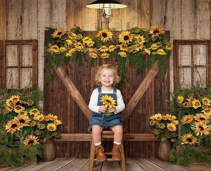 Kate Rustic Wooden Barn Door Backdrop 7x5ft Vintage Sunflower Garland Photography Background Country Style Shabby Chic Wall for Birthday Party Baby Shower Wedding Photo Booth Props