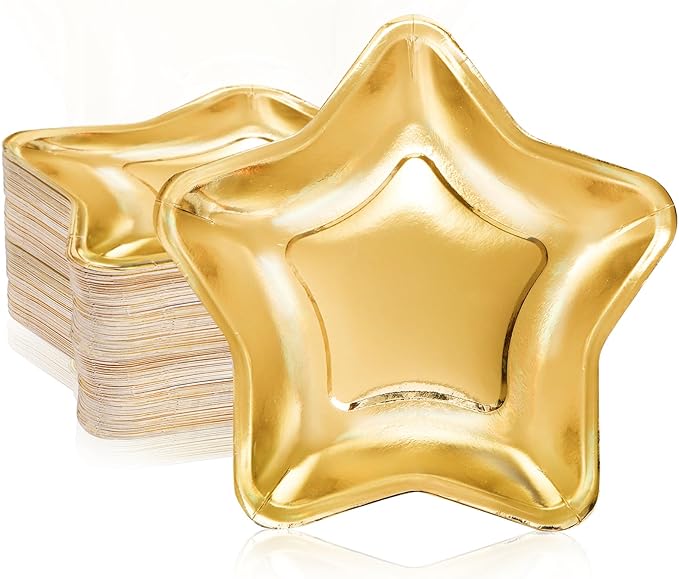 Tlence 100PCS Star Shape Paper Plates, 9.5 Inches Disposable Pentagram Dinnerware, Gold Twinkle Star Paper Tableware Set for Dessert, Birthday Graduation Wedding Halloween Christmas Supplies