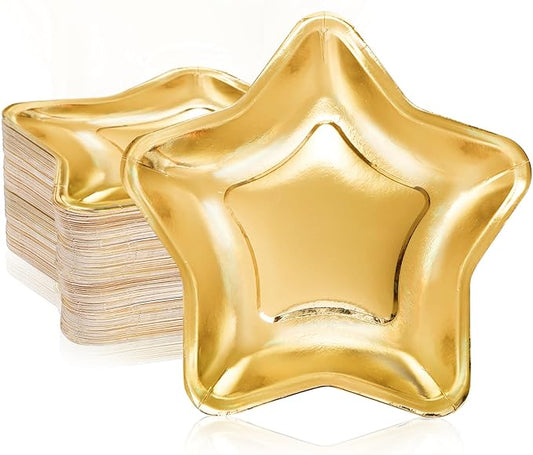 Tlence 100PCS Star Shape Paper Plates, 9.5 Inches Disposable Pentagram Dinnerware, Gold Twinkle Star Paper Tableware Set for Dessert, Birthday Graduation Wedding Halloween Christmas Supplies