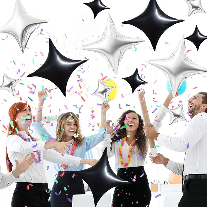 TONIFUL 30Pcs 26In&10In Star Balloons Black and Silver Four Pointed Foil Mini Star Mylar Balloons for Birthday Wedding Baby Shower Anniversary Engagement Party Decor Supplies