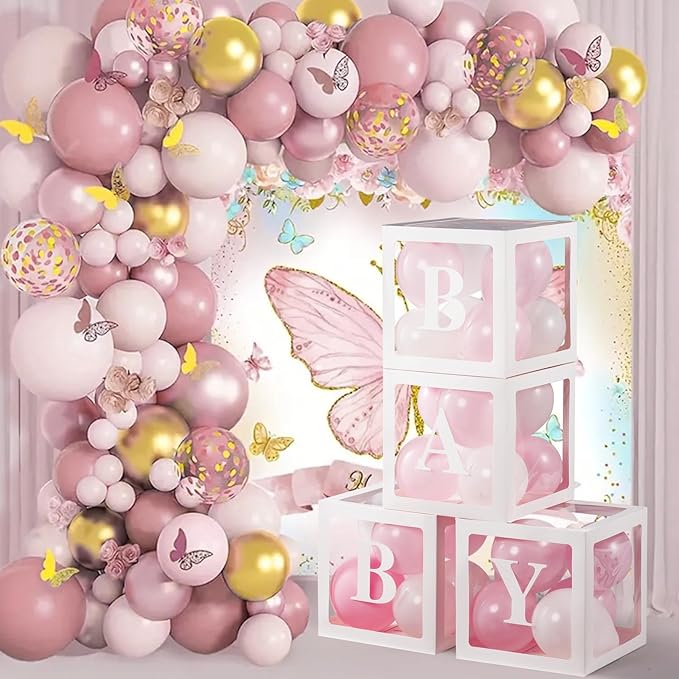 Voircoloria Baby Shower Decorations, 4pcs Transparent Balloon Boxes with Letters, 36Pcs Pink & White Balloons, Reusable, Unisex, for Gender Reveal Party