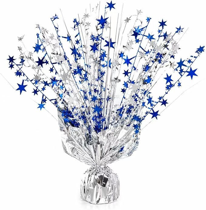 2 Pack Metallic Foil Spray Centerpiece Stars for Wedding, Birthday, Anniversary, Christmas Table Decor, Holiday Festival Baby Shower Graduation Mantle Party Decorations (Silver&Blue)