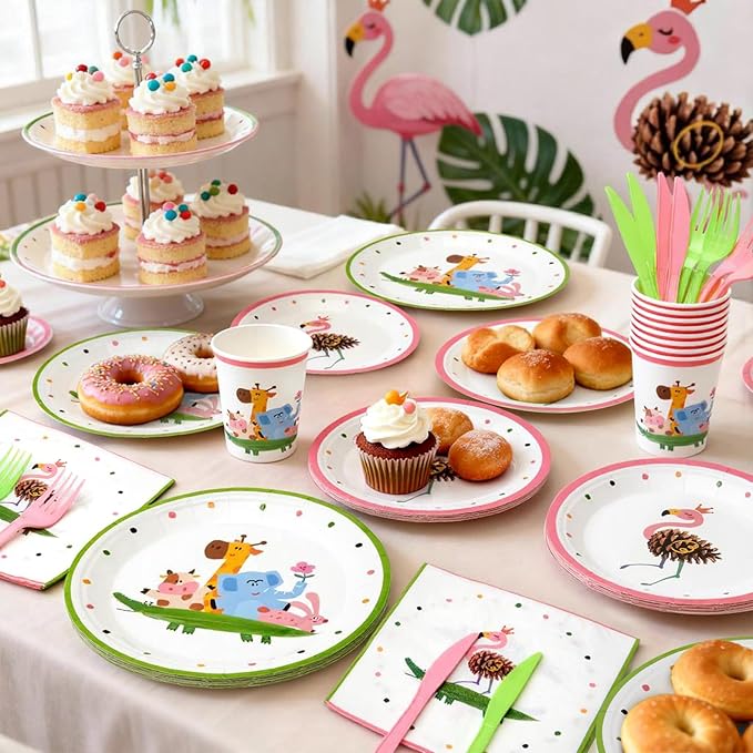 144Pcs Flamingo Animals Birthday Party Supplies Decorations Animal Themed Paper Plates Napkins Vintage Party Tableware Disposable Dinnerware for Girl Kid Birthday Baby Shower Table Decor, Serve 24