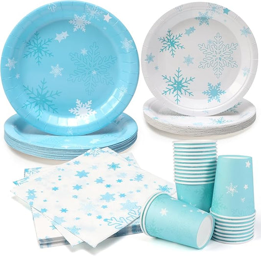 96Pcs Snowflake Paper Plates - Blue and White Disposable Party Plates and Napkins Cups for 24 Guests Picnic Baby Shower Kids Birthday Party Table Supplies Decorations