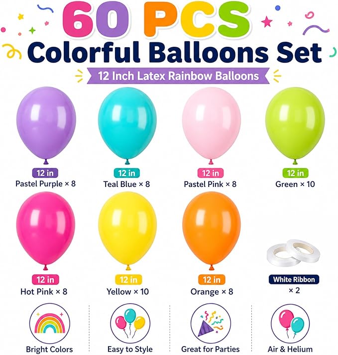 Colorful Balloons, 60Pcs Rainbow Balloon, 12 Inch Latex Multicolor Balloons Bright Color Yellow Orange Hot Pink Teal Blue Green for Kids Birthday Baby Shower Summer Pool Hawaii Theme Party Decoration