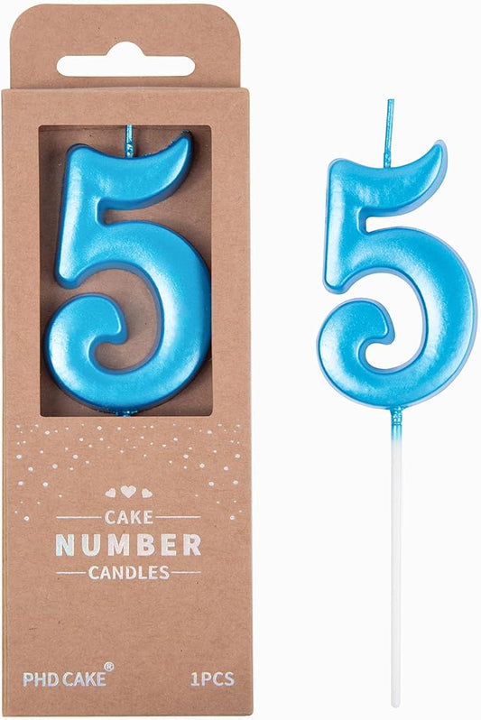 PHD CAKE 2.76 Inch Elegant Blue 5 Number Birthday Candles, Blue Number Candles, Cake Number Candles, Party Celebration
