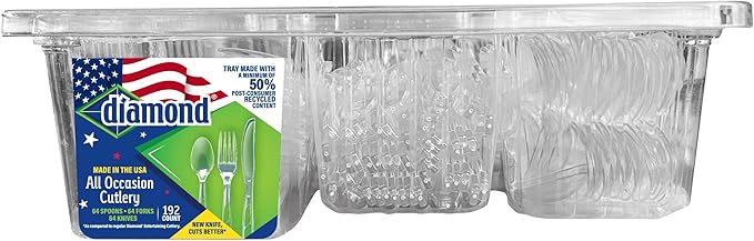 Diamond® Premium Clear Plastic Cutlery Set – 192 Count (64 Forks, 64 Spoons, 64 Knives), Full-Size, Disposable Utensils, Made in USA, Party & Event Essentials