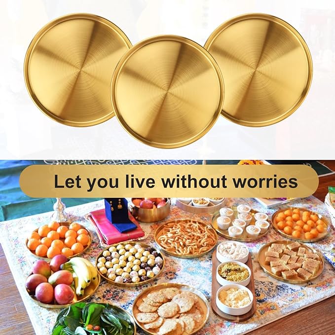 6 Pcs 12 Inch Gold Round Serving Tray, Stainless Steel Decorative Table Trays, Brushed Brass Finish, Multi-Functional for Home, Kitchen, and Vanity