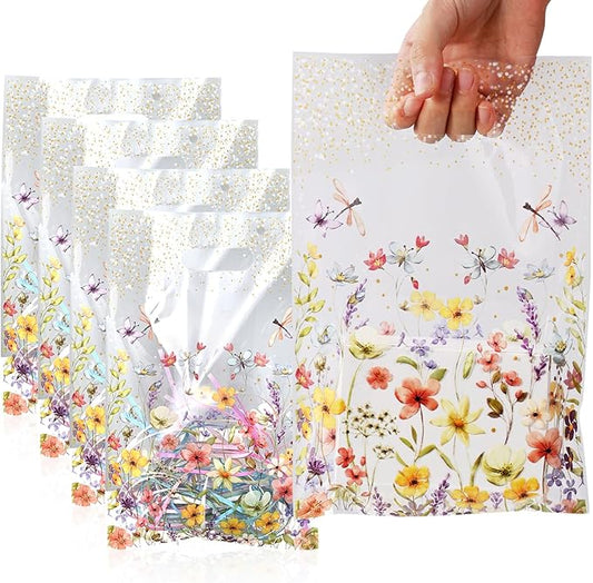 HappFestiv 50 Pcs Clear Wildflower Party Favor Bags, Wild Flower Plastic Treat Bags with handle, Floral Gift Bags Candy Bags, Weeding Birthday Themed Party Supplies, Girl Gifts
