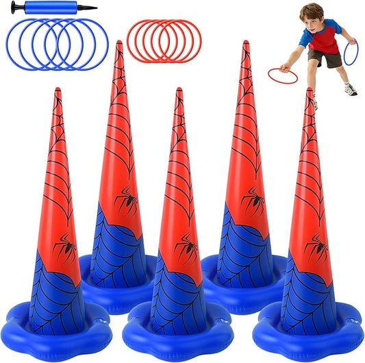 5 Pack Inflatable Spider Web Ring Toss Game - Red and Blue Spider Themed Birthday Party Games with 10 Plastic Rings & Pump, Indoor Outdoor Carnival Toss Toy for Kids Party Favors