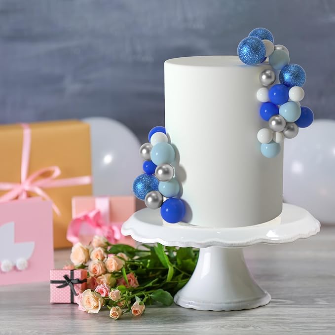 ASTARON 50 Pcs Ball Cake Topper Sticks Mini Balloons for Decorating Supplies Foam Balls Cake Toppers for Baby Shower, Birthday - Blue Series