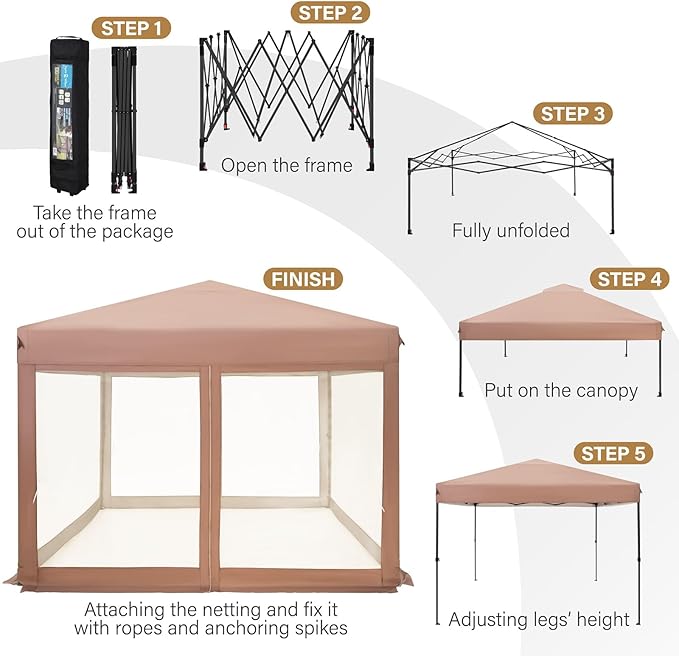 Sophia & William Canopy Tent Pop Up 10x10 ft, Outdoor Patio Portable Commercial Canopies Shelter with Screen Mesh, Roller Bag, 8 Stakes, 4 Guy Ropes, UPF50+ (Brown)