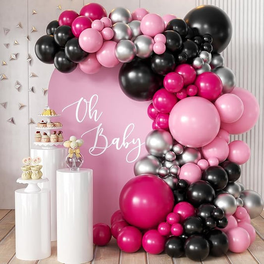 MEBAY Hot Pink Black Silver Balloon Garland Arch Kit, 166Pcs Red Black Pink Silver Balloons for Birthday Graduation Baby Shower Wedding Anniversary Bachelorette Party Decorations