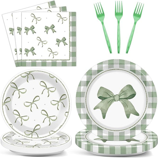 CHUNNIN 96Pcs Green Plaid Bow Spring Plates and Napkins Party Decorations Bow Theme Dessert Paper Plates Napkins Birthday Tableware Set for 24 Guests Girls Baby Shower Picnic BBQ Party Suppliess