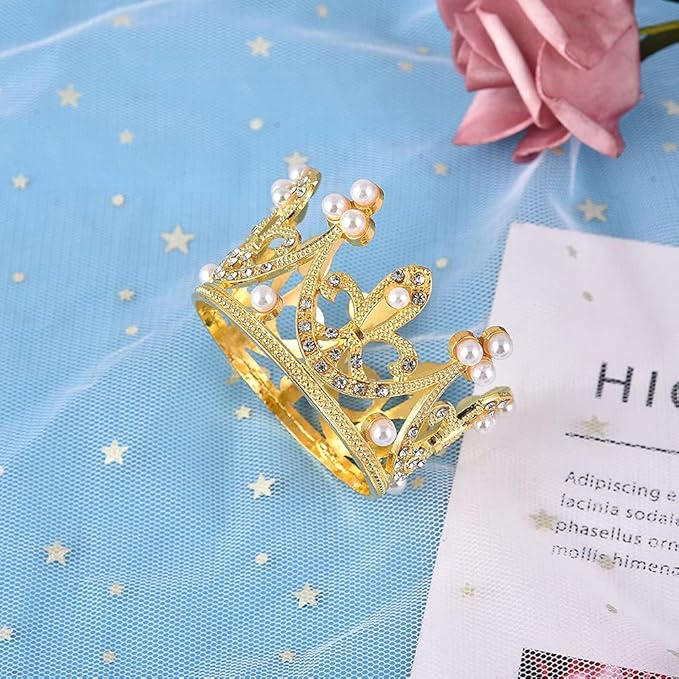 2 Pcs Mini Princess Pearl Crown Tiara Cake Cupcake Toppers Cake Decoration for Baby Shower Birthday Princess Party Bridal Wedding(Gold)