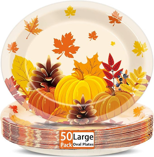 50 PCS Thanksgiving Oval Paper Plates Large 11” Disposable Thanksgiving Fall Party Decorations Heavy Duty Fall Maple Leaves Pumpkin Dessert Plates Supplies for Thanksgiving Autumn Party Tableware Set