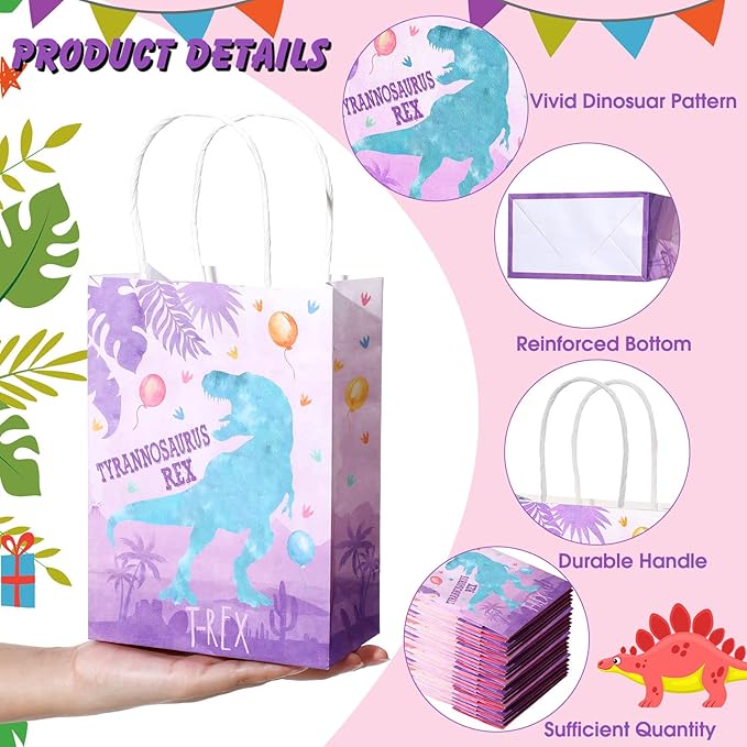 Pajean 24 Pcs Dinosaur Candy Bags with Handle, Dinosaur Party Favor Paper Bags Kids Gifts Goodie Treat Wrapping for Boys Girls Dino Theme Birthday Baby Shower Party Supplies(Dino Girl)