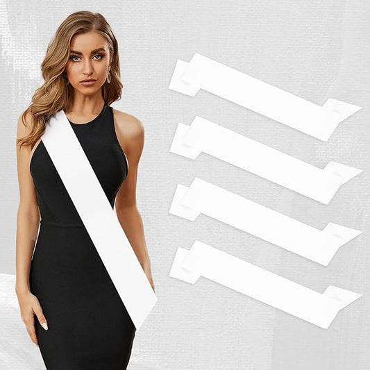 4Pcs White Blank Sash DIY for Prom Queen, Homecoming, Pageant, Wedding Anniversary Wreath Christmas Party Satin Sash for Graduation, Birthday, Halloween Bachelorette Party, DIY Sashes with Safety Pin