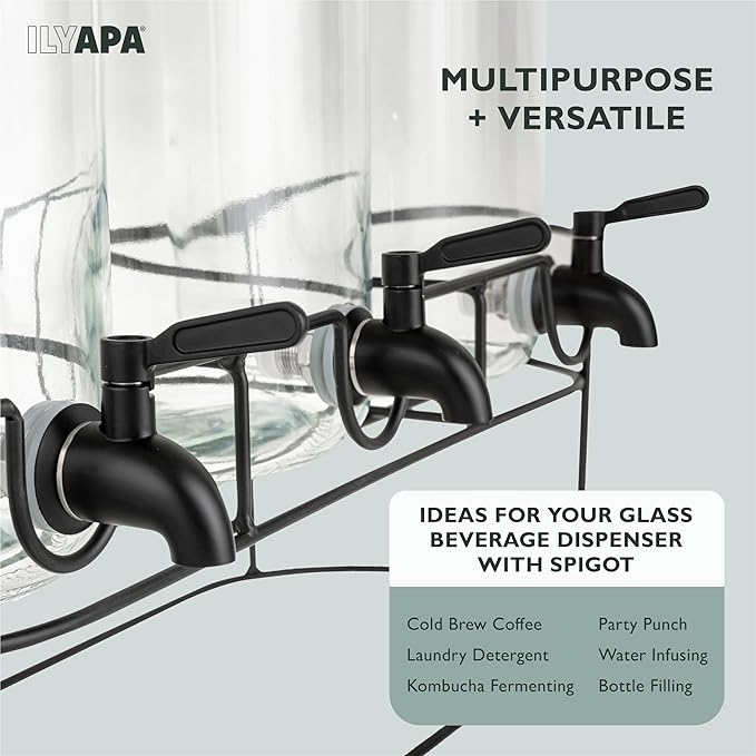 Ilyapa Glass Drink Dispenser for Parties - 3 Pack, 1 Gallon Triple Beverage Multi Drink Dispenser with Stand, Wood Tops and Black Stainless Spigots