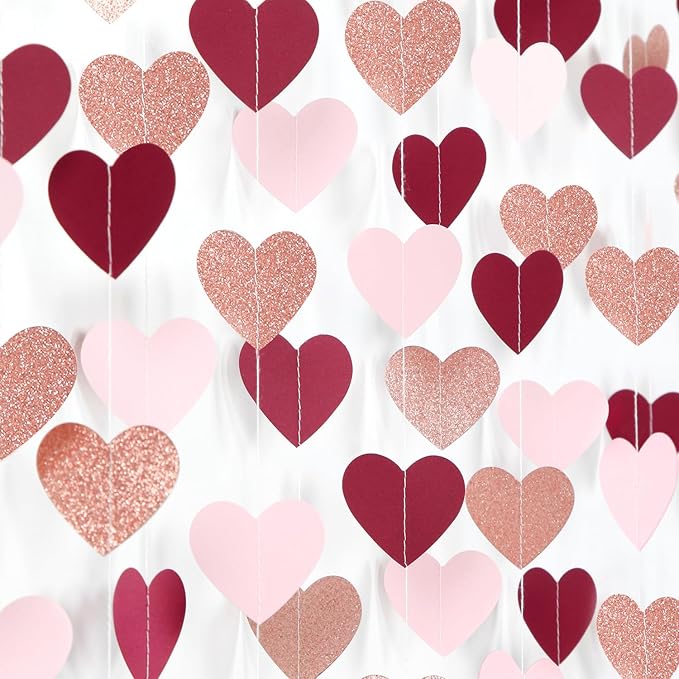 Burgundy-Red Rose-Gold Valentines Party-Decorations Heart-Garland - 52ft Pink Galentines Hanging Streamers Banner,Women Romantic Special Night Wedding Bachelorette Birthday Backdrop Decor Burgleda