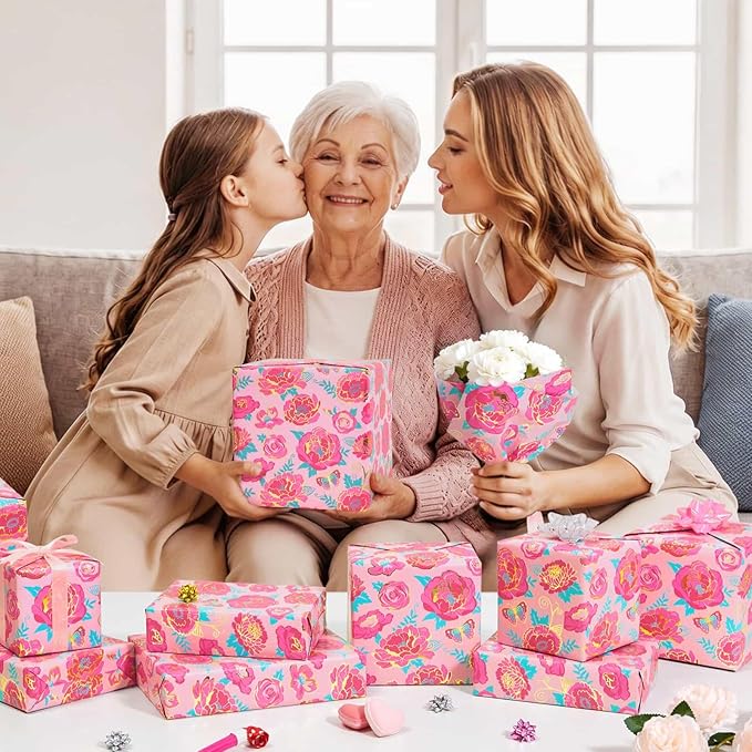 WERNNSAI Mothers Day Wrapping Paper - 1 Roll 17” x 33 ft Mother’s Day Wrapping Paper Pink Floral Gift Wraps Roll Pink Rose Metallic Foil Design for Women Mom Birthday