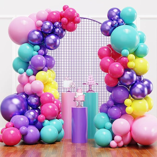YMSZ Pink Blue Purple Balloons Arch Kit, 136pcs Hot Pink Metallic Purple Teal Yellow Balloons with Different Size for Kids Magic Theme Birthday Decoration Baby Shower Party Supplies