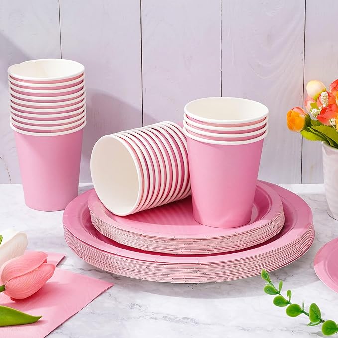 Whaline 100Pcs Light Pink Party Supplies for 25 Guests Disposable Tableware Set Paper Plates Napkins and Cups for Wedding Bridal Baby Shower Birthday Gender Reveal Mothers Day Decor