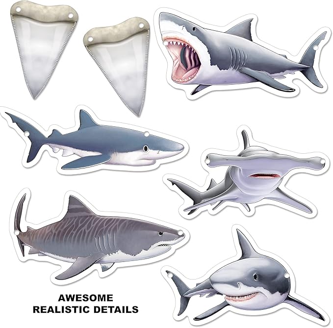 Beistle 4 Piece Shark Banners For Ocean Beach Under The Sea Theme Party, Luau Decorations, Birthday Décor, Baby Shower Celebration