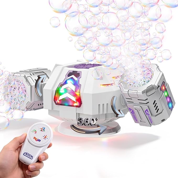 GoGonova Bubble Machine, 30000+ Bubbles/Min Rechargeable Kids Bubble Machine, Big Bubble Blower Maker, 360° Auto Rotation & 2 Speeds, 7-Color LED Lights, Mecha Overlord
