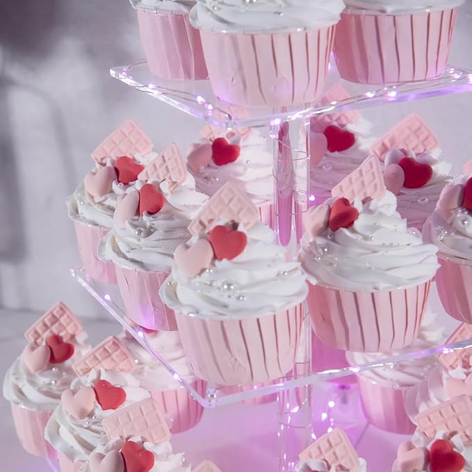 Cupcake Stand, 4-Tier Square Cupcake Holder with LED Light String, Acrylic Cupcake Tower Display-Dessert Tower-Pastry Stand-Cupcake Tier Stand for Wedding, Birthday Party ( Pink Light)…