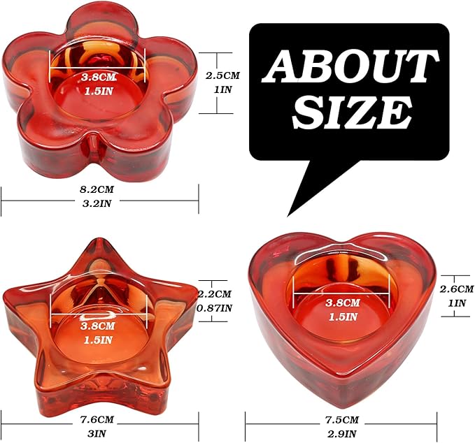 Red Votive Candle Holders Set of 12, (3 Sizes,Heart/Flower/Star) Glass Tealight Candle Holders Bulk for Wedding Table Centerpiece,Birthday Party,Valentines Day,Christmas Decorations,Home Decor(Red)
